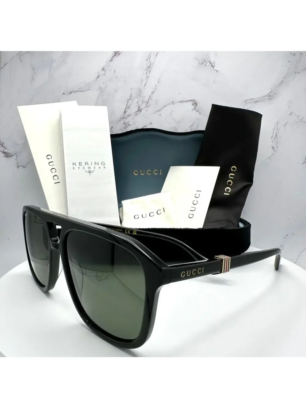 New GUCCI Sunglasses Black Aviator Pilot Gold Logo Metal Red Green Web Gucci